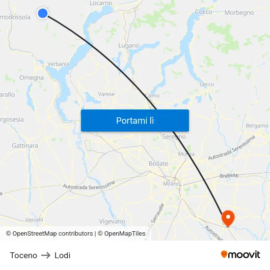 Toceno to Lodi map