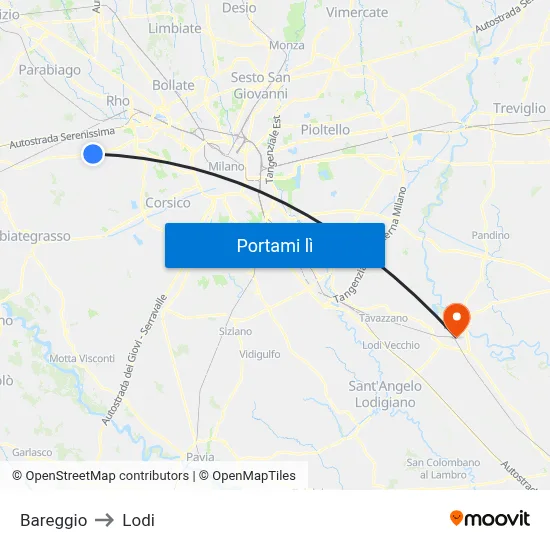 Bareggio to Lodi map