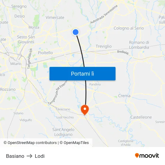 Basiano to Lodi map