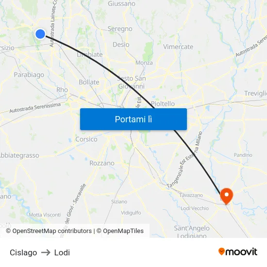 Cislago to Lodi map