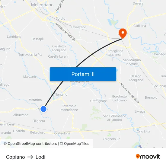Copiano to Lodi map