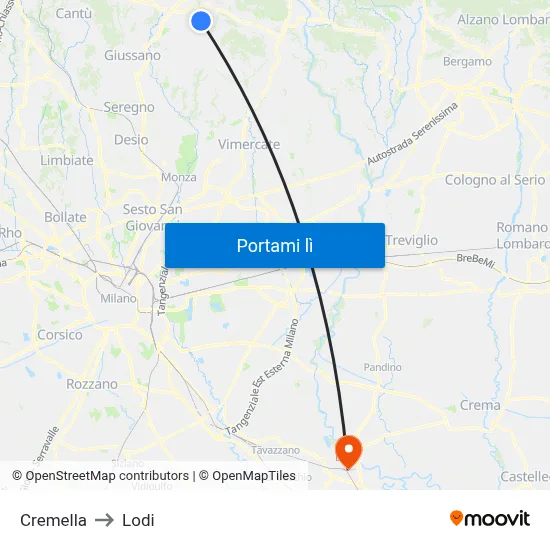 Cremella to Lodi map
