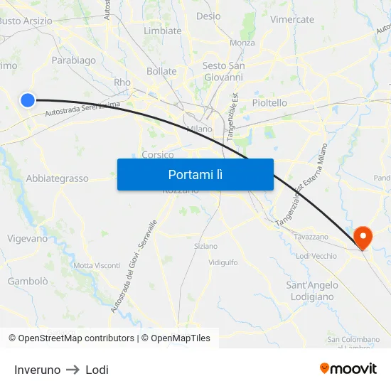 Inveruno to Lodi map