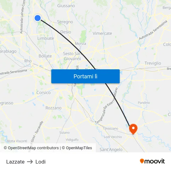 Lazzate to Lodi map