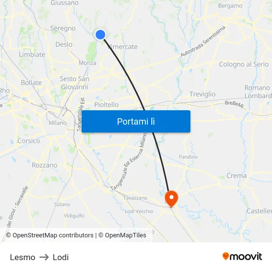 Lesmo to Lodi map