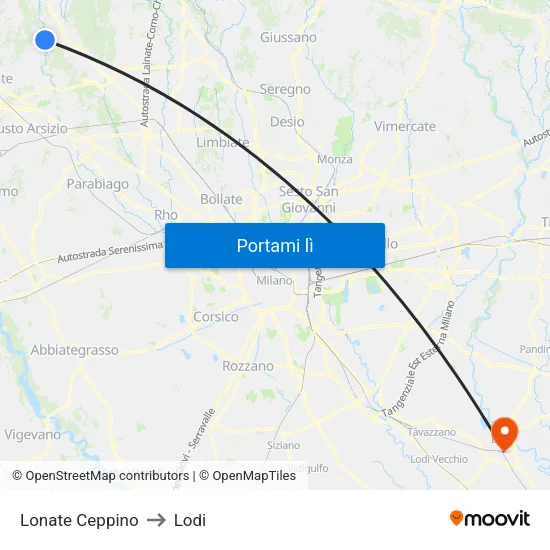 Lonate Ceppino to Lodi map
