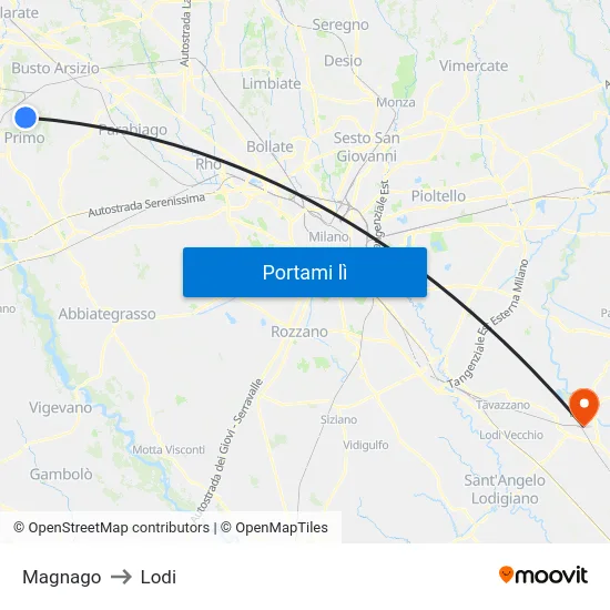 Magnago to Lodi map