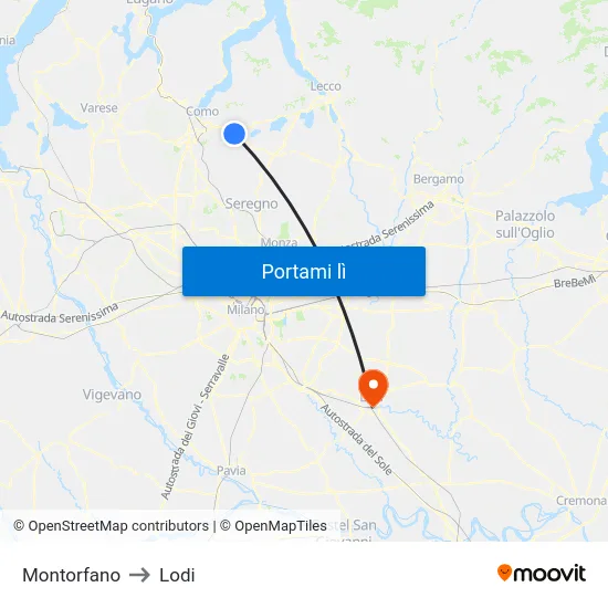 Montorfano to Lodi map