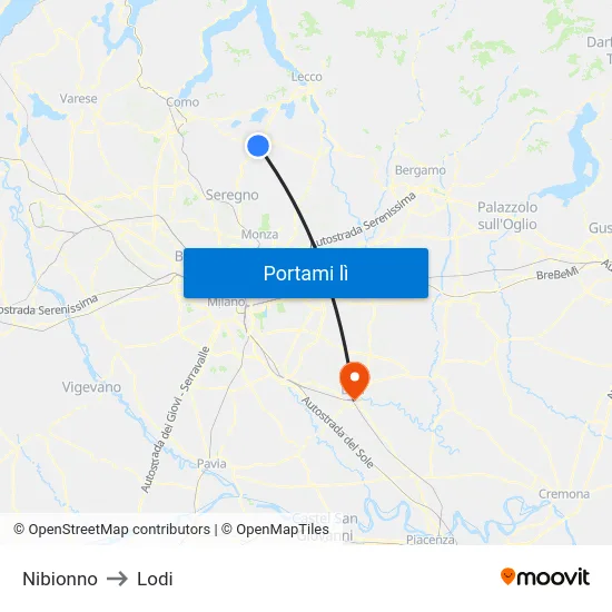 Nibionno to Lodi map