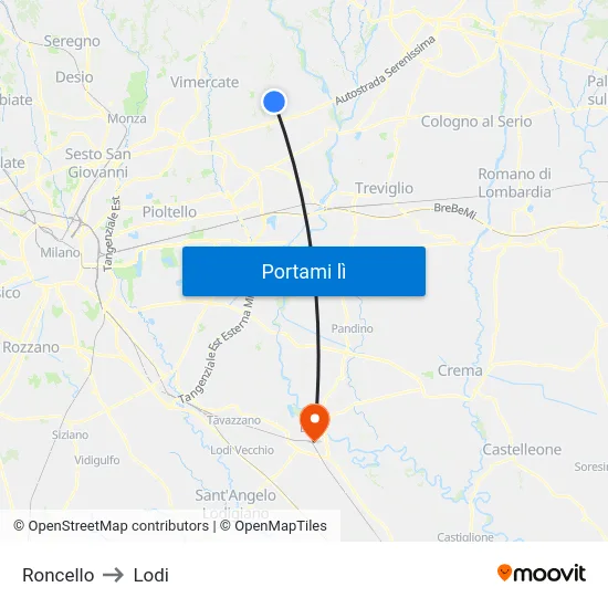 Roncello to Lodi map