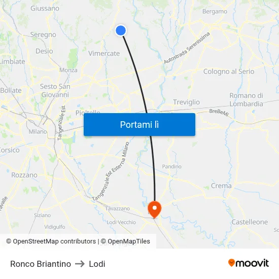 Ronco Briantino to Lodi map