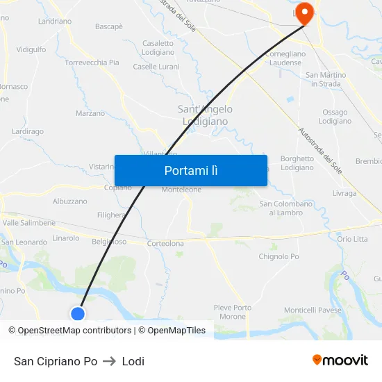 San Cipriano Po to Lodi map