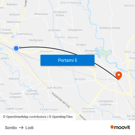 Sordio to Lodi map