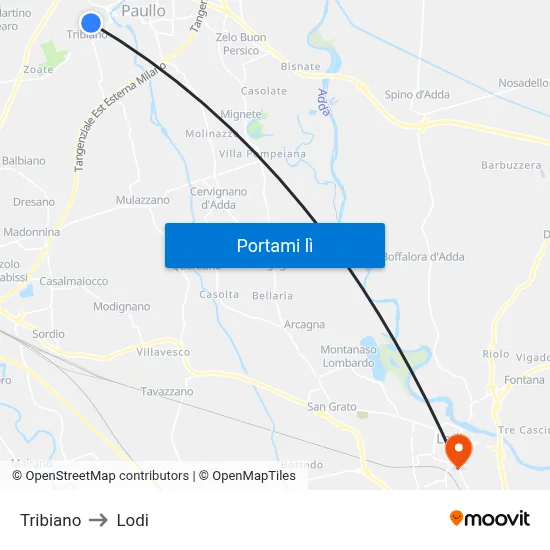 Tribiano to Lodi map
