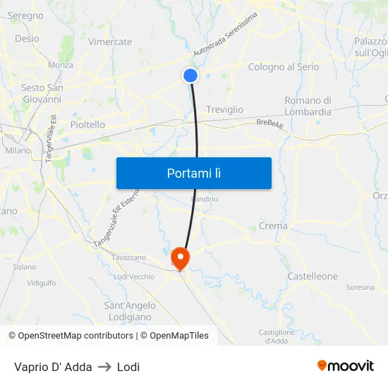 Vaprio D' Adda to Lodi map