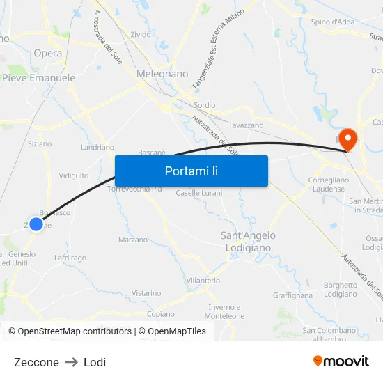 Zeccone to Lodi map