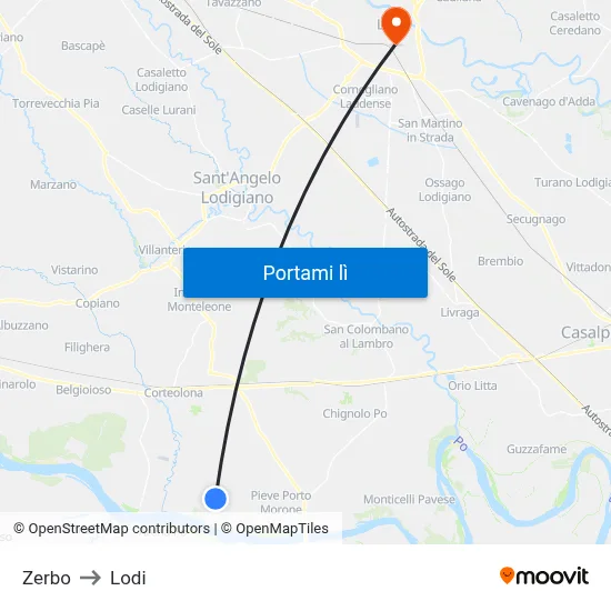 Zerbo to Lodi map