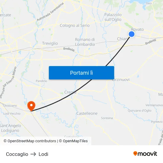 Coccaglio to Lodi map