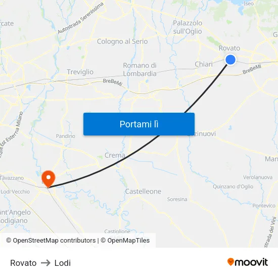 Rovato to Lodi map