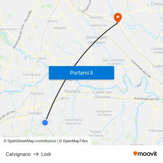 Calvignano to Lodi map