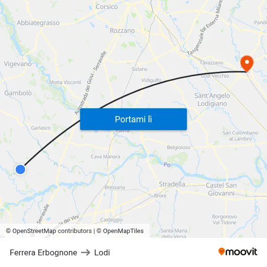 Ferrera Erbognone to Lodi map