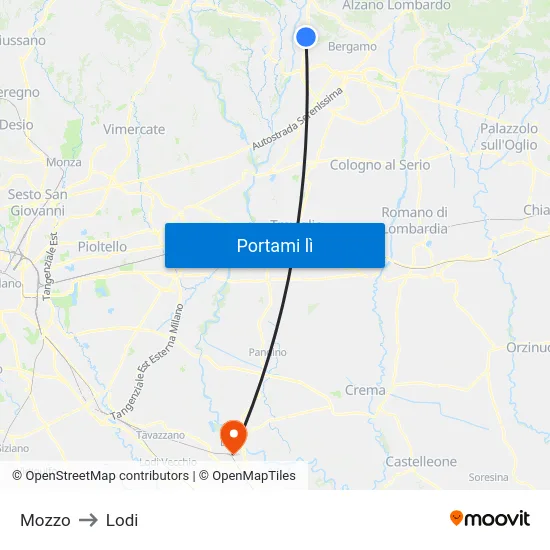 Mozzo to Lodi map
