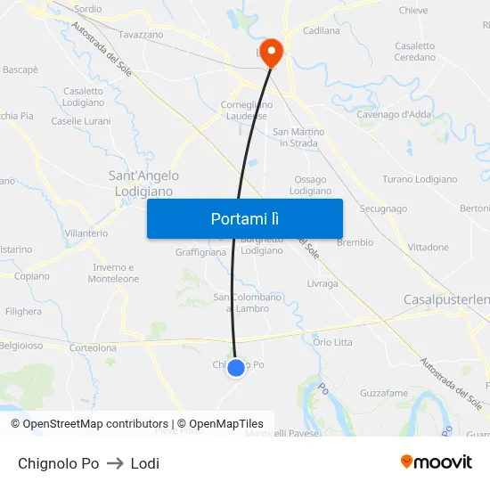 Chignolo Po to Lodi map