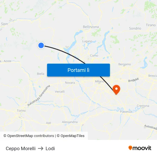 Ceppo Morelli to Lodi map
