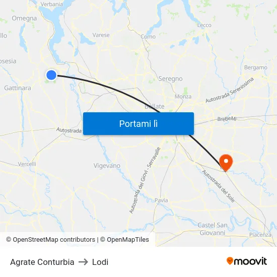 Agrate Conturbia to Lodi map