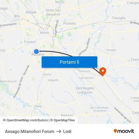 Assago Milanofiori Forum to Lodi map
