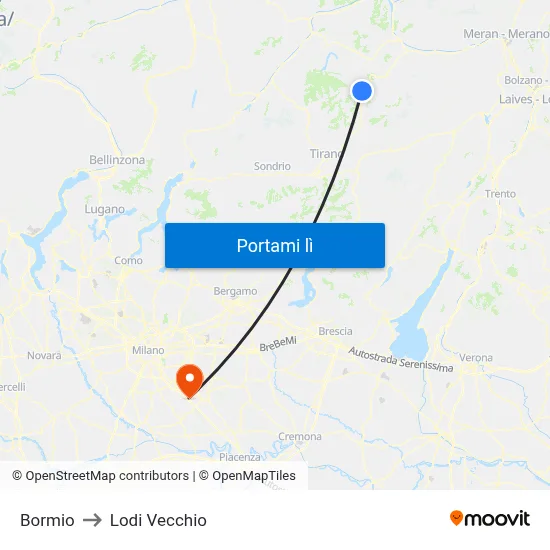Bormio to Lodi Vecchio map