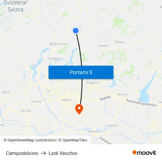 Campodolcino to Lodi Vecchio map