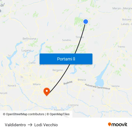 Valdidentro to Lodi Vecchio map