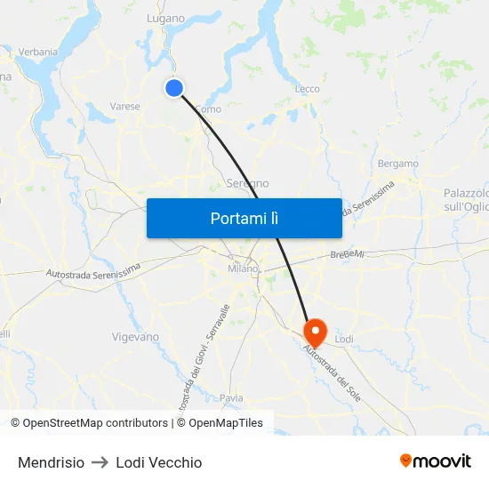 Mendrisio to Lodi Vecchio map