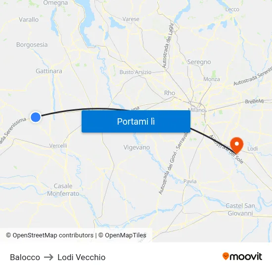 Balocco to Lodi Vecchio map