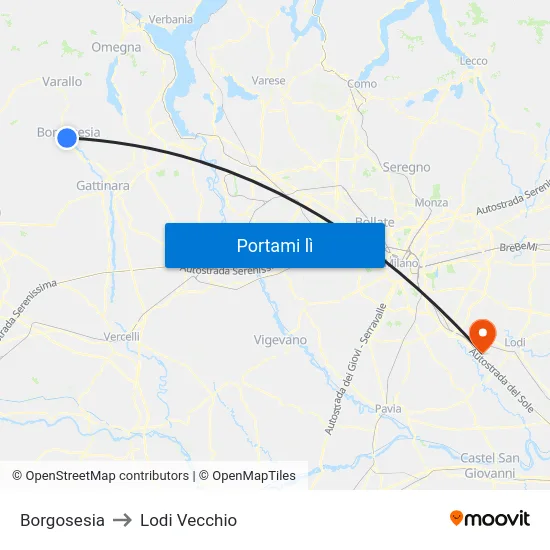 Borgosesia to Lodi Vecchio map