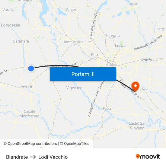 Biandrate to Lodi Vecchio map
