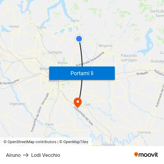 Airuno to Lodi Vecchio map