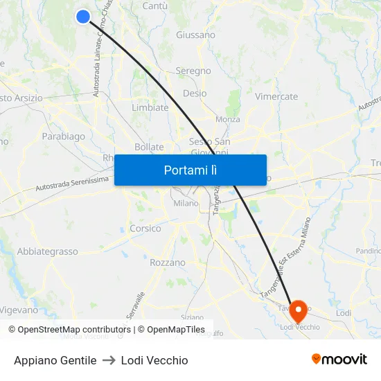 Appiano Gentile to Lodi Vecchio map