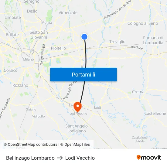 Bellinzago Lombardo to Lodi Vecchio map