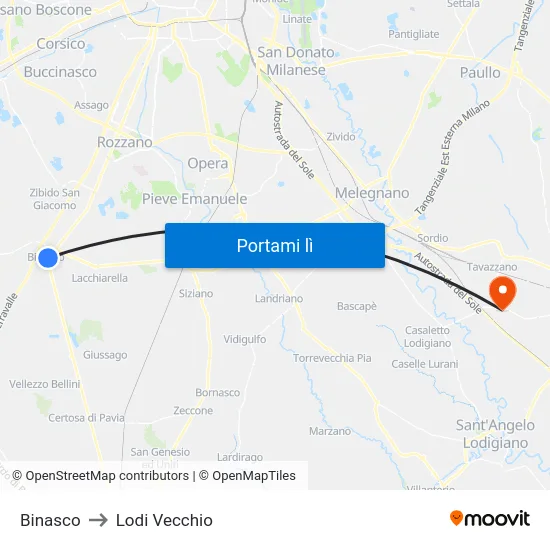 Binasco to Lodi Vecchio map