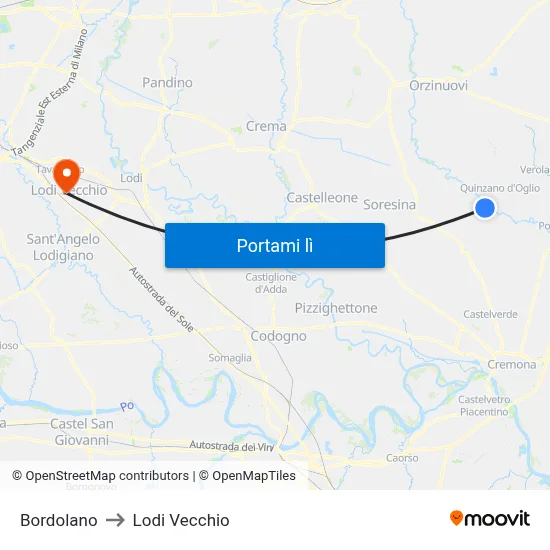Bordolano to Lodi Vecchio map