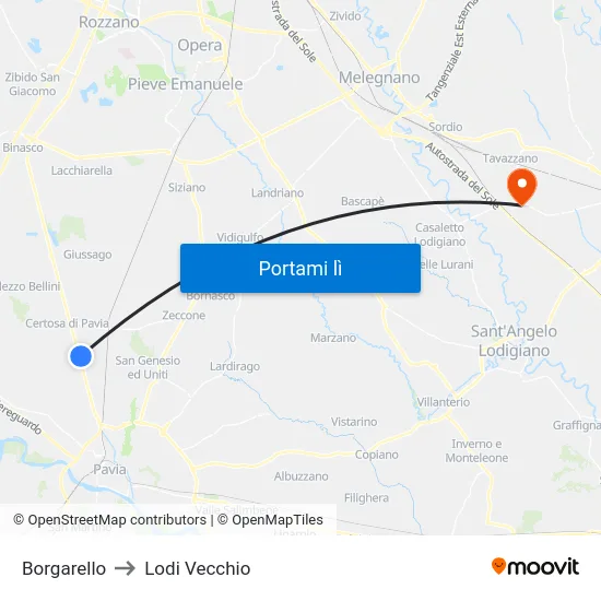 Borgarello to Lodi Vecchio map