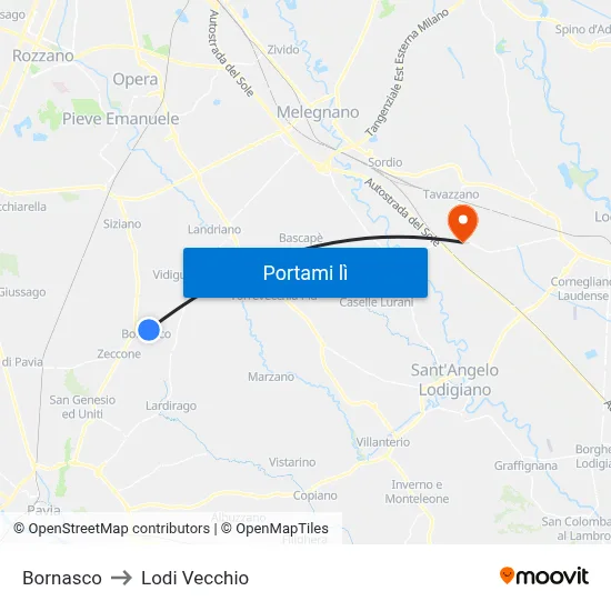 Bornasco to Lodi Vecchio map