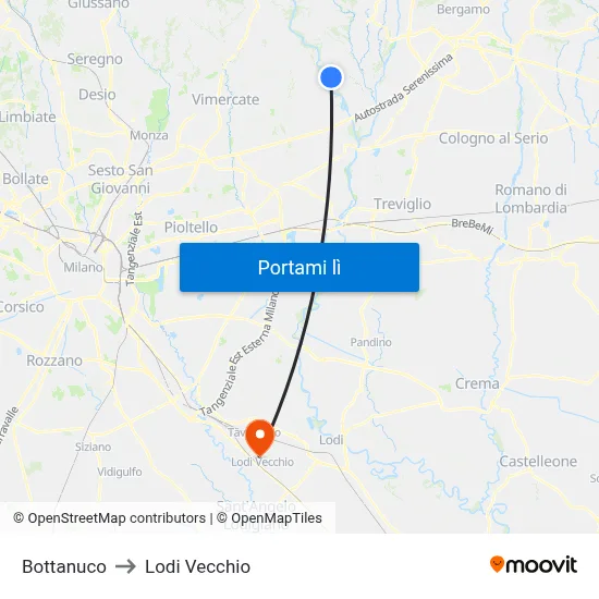 Bottanuco to Lodi Vecchio map
