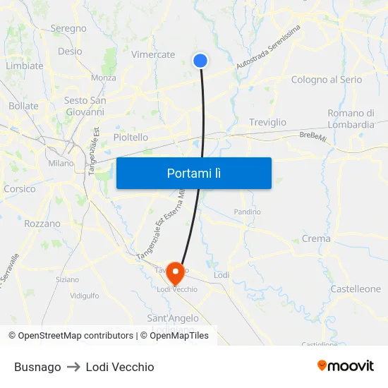 Busnago to Lodi Vecchio map