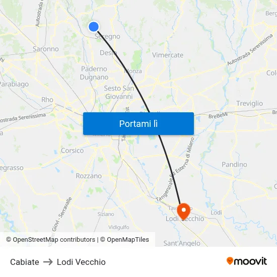 Cabiate to Lodi Vecchio map