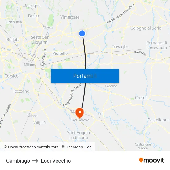 Cambiago to Lodi Vecchio map