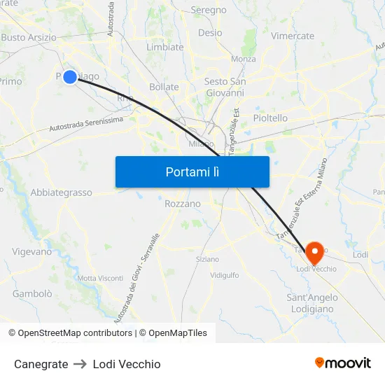 Canegrate to Lodi Vecchio map