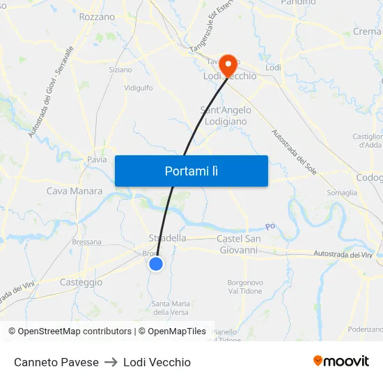 Canneto Pavese to Lodi Vecchio map